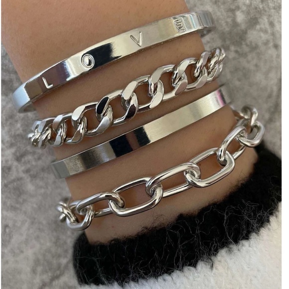 Rouge! Jewelry - Set of 4 Fashion Bracelets Bohemian Style Link Chain Cuff Silver White Gold Tone